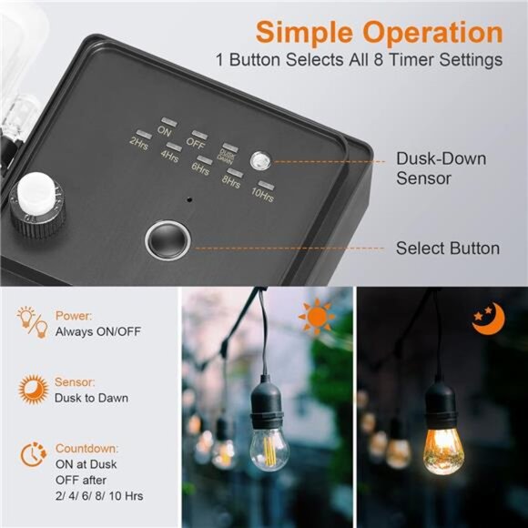 Outdoor Power Stake Light Timer, Dusk to Dawn, 6 Electrical Outlet Power Strip - Picture 2 of 8